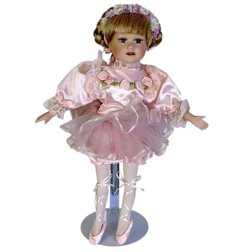 Vintage Ballerina Dancer Porcelain Doll 1990 Pink Satin Tutu Blonde Hair 14”